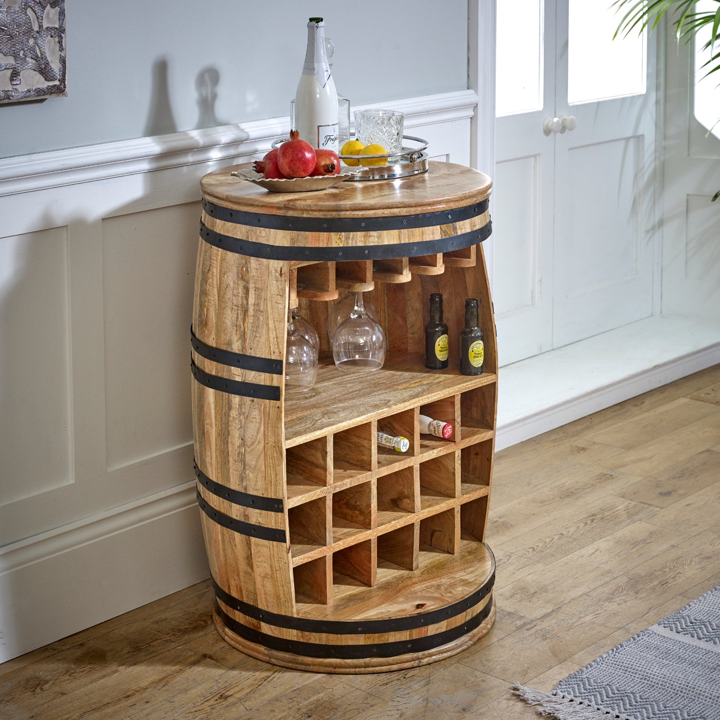 Surrey Solid Dark Wood Barrel Wine Sideboard 100% Eco Sourced Solid Mango Wood