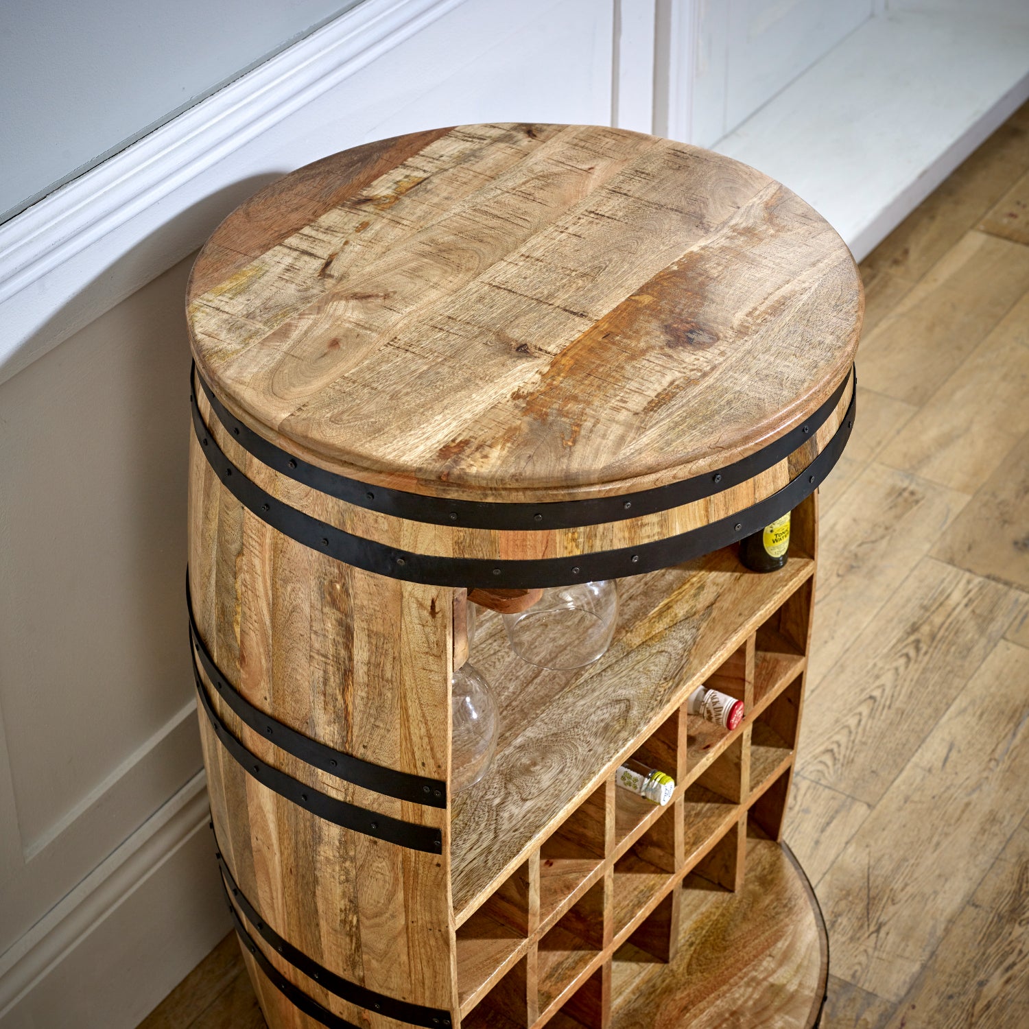 Surrey Solid Dark Wood Barrel Wine Sideboard 100% Eco Sourced Solid Mango Wood