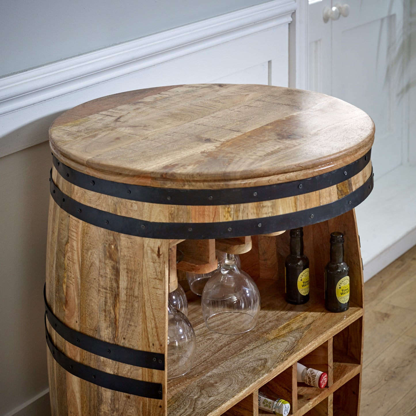 Surrey Solid Dark Wood Barrel Wine Sideboard 100% Eco Sourced Solid Mango Wood