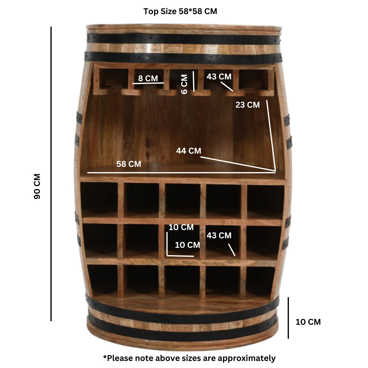 Surrey Solid Dark Wood Barrel Wine Sideboard 100% Eco Sourced Solid Mango Wood