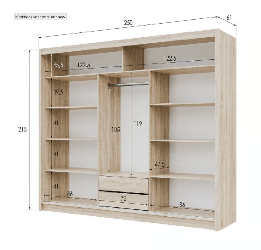 Oak Sonoma MALIBU 250 Sliding Wardrobe - Mirrored Doors with LED Lighting & Spacious Interior