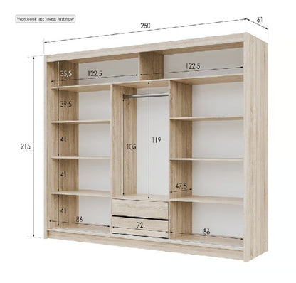 Oak Sonoma MALIBU 250 Sliding Wardrobe - Mirrored Doors with LED Lighting & Spacious Interior