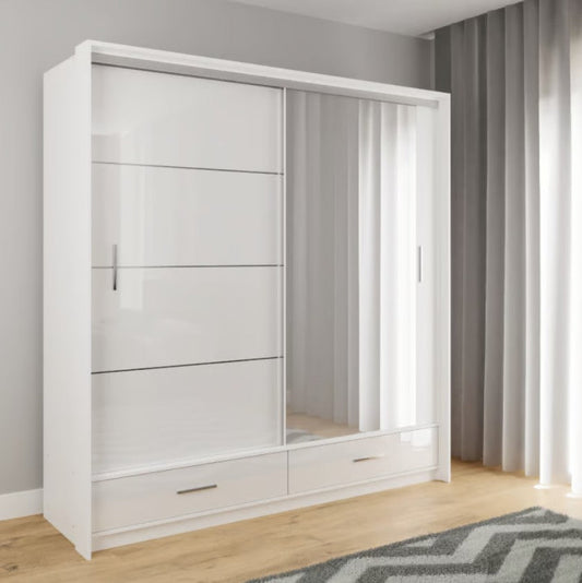 Marsylia W208cm Sliding Wardrobe - White Gloss & Mirror, Modern LED Ambience