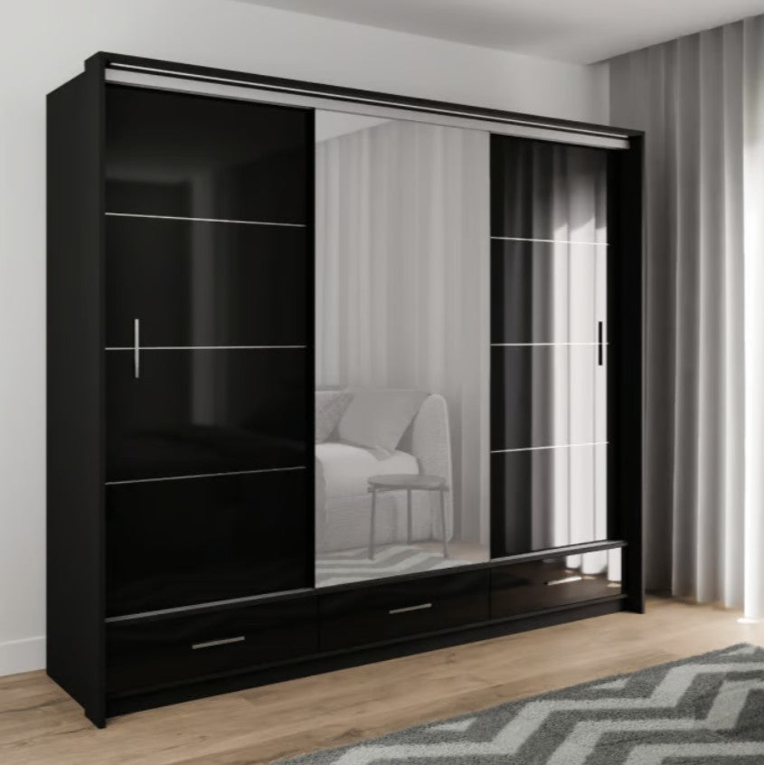 Marsylia 208cm Wide Sliding Door Wardrobe - White or Black Gloss