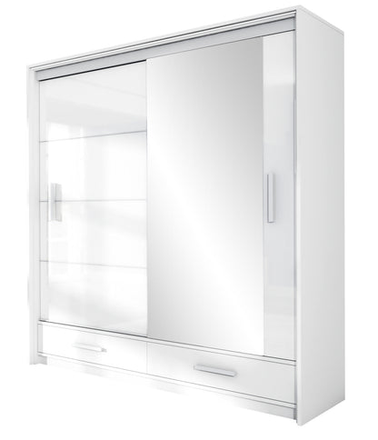 Marsylia W208cm Sliding Wardrobe - White Gloss & Mirror, Modern LED Ambience