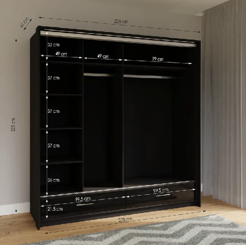 Marsylia W208cm Sliding Wardrobe - White Gloss & Mirror, Modern LED Ambience