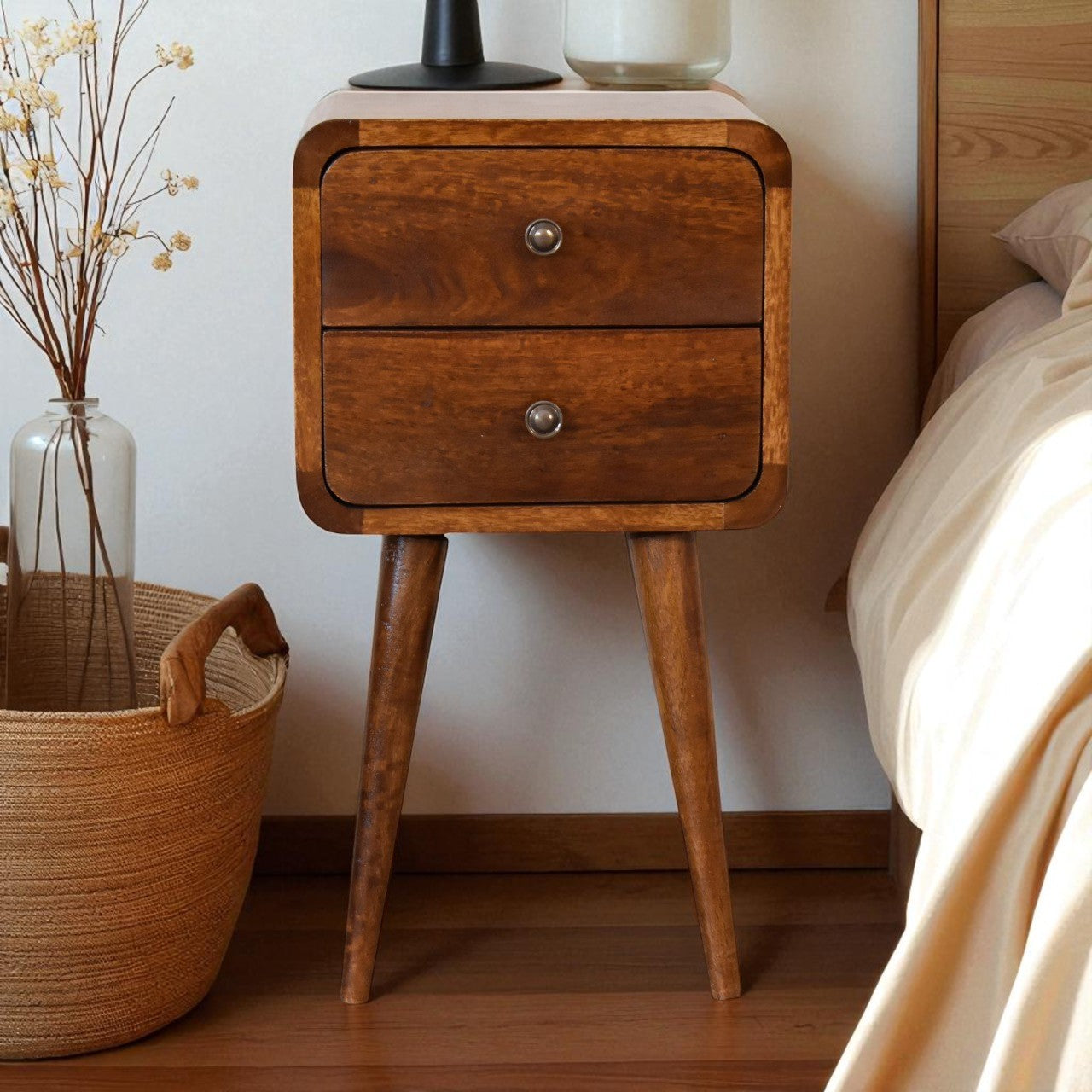 Mini Chestnut Curved Bedside 100% Solid Mango Wood