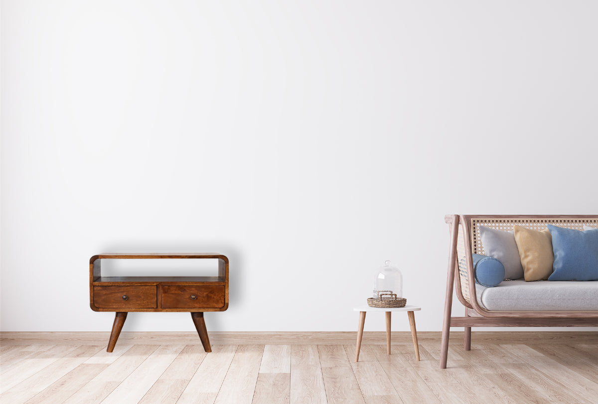 Mini Curved Chestnut Media Unit. 100% Solid Mango Wood