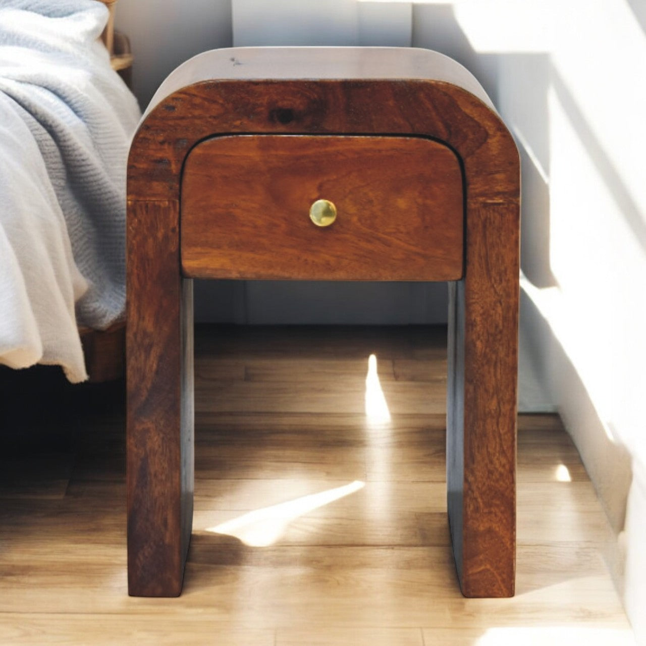 Mini Darcy Chestnut Nightstand with Curved Edges. 100% solid mango wood