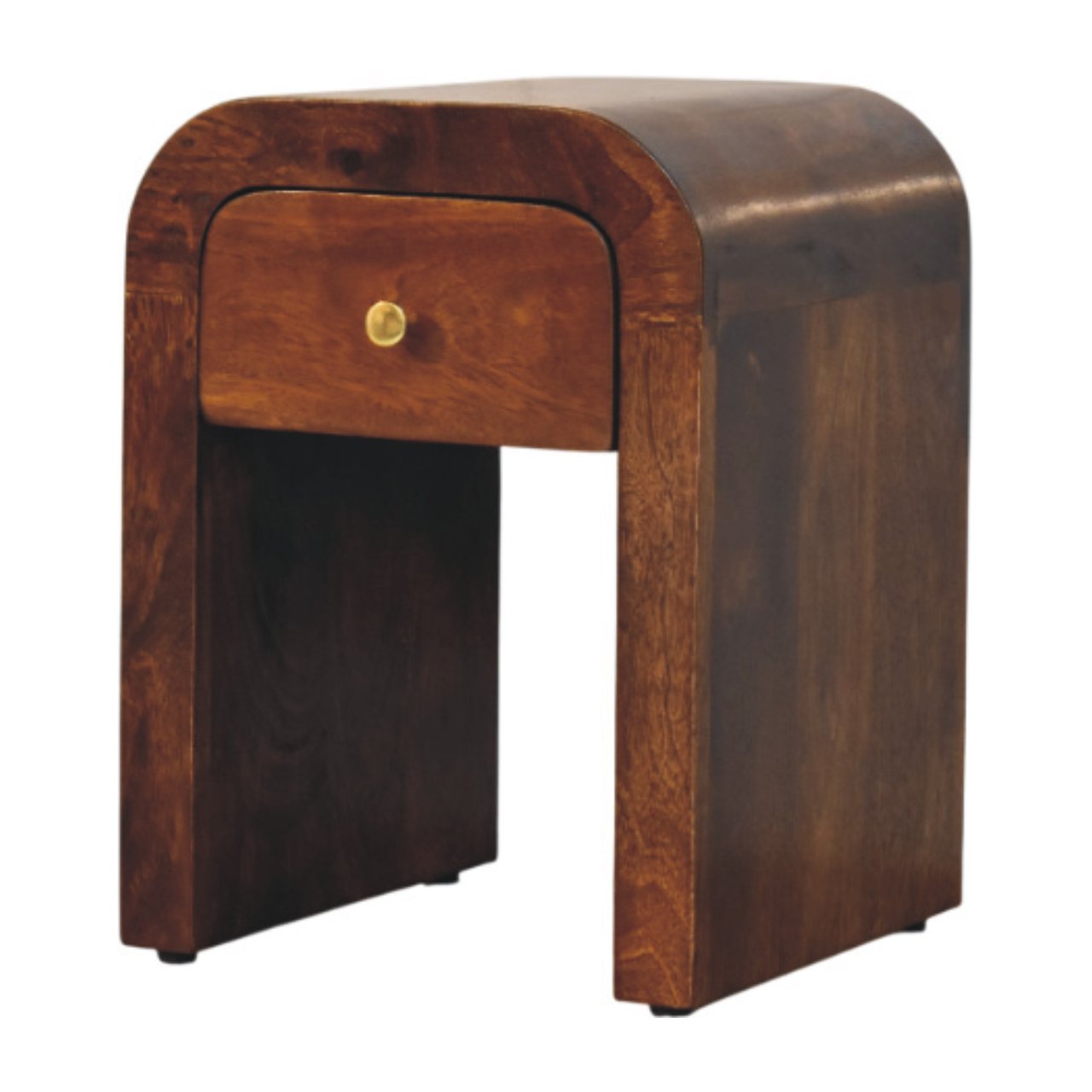Mini Darcy Chestnut Nightstand with Curved Edges. 100% solid mango wood