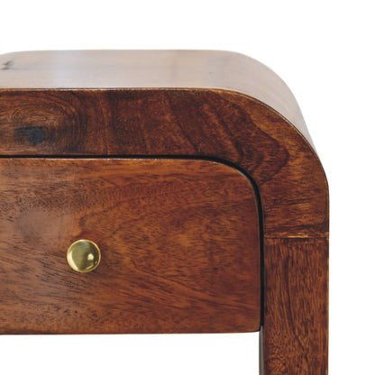 Mini Darcy Chestnut Nightstand with Curved Edges. 100% solid mango wood