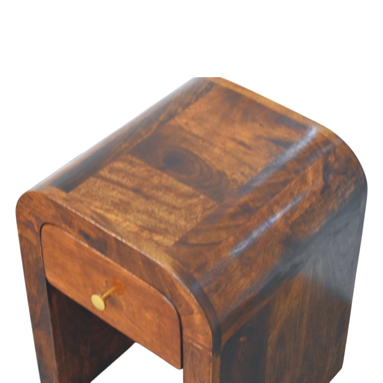 Mini Darcy Chestnut Nightstand with Curved Edges. 100% solid mango wood