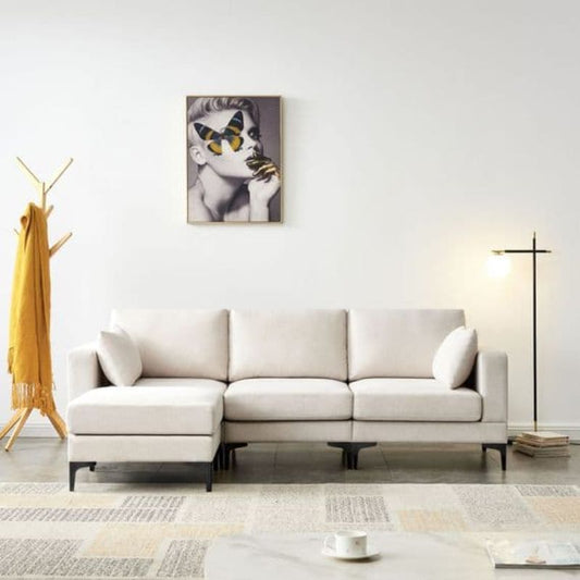 ANEK 3 Seater Beige Fabric Sofa with Ottoman