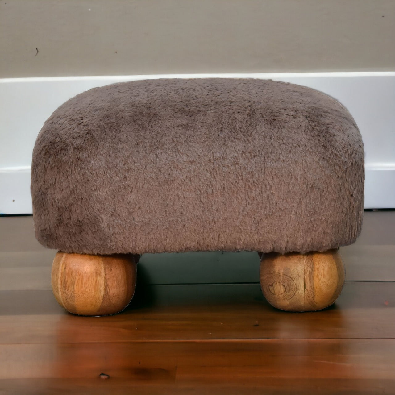 Mocha Faux Fur Nordic Footstool. 100% Solid Mango Wood