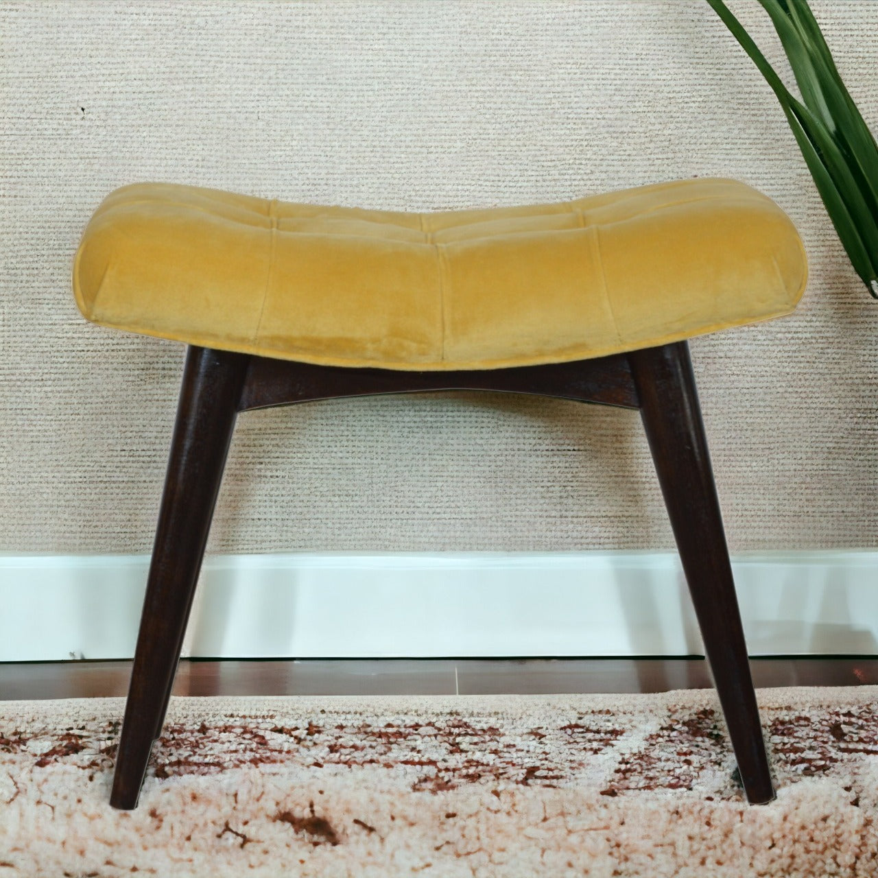 Mustard Velvet Curved Bench. 100% Solid Mango Wood
