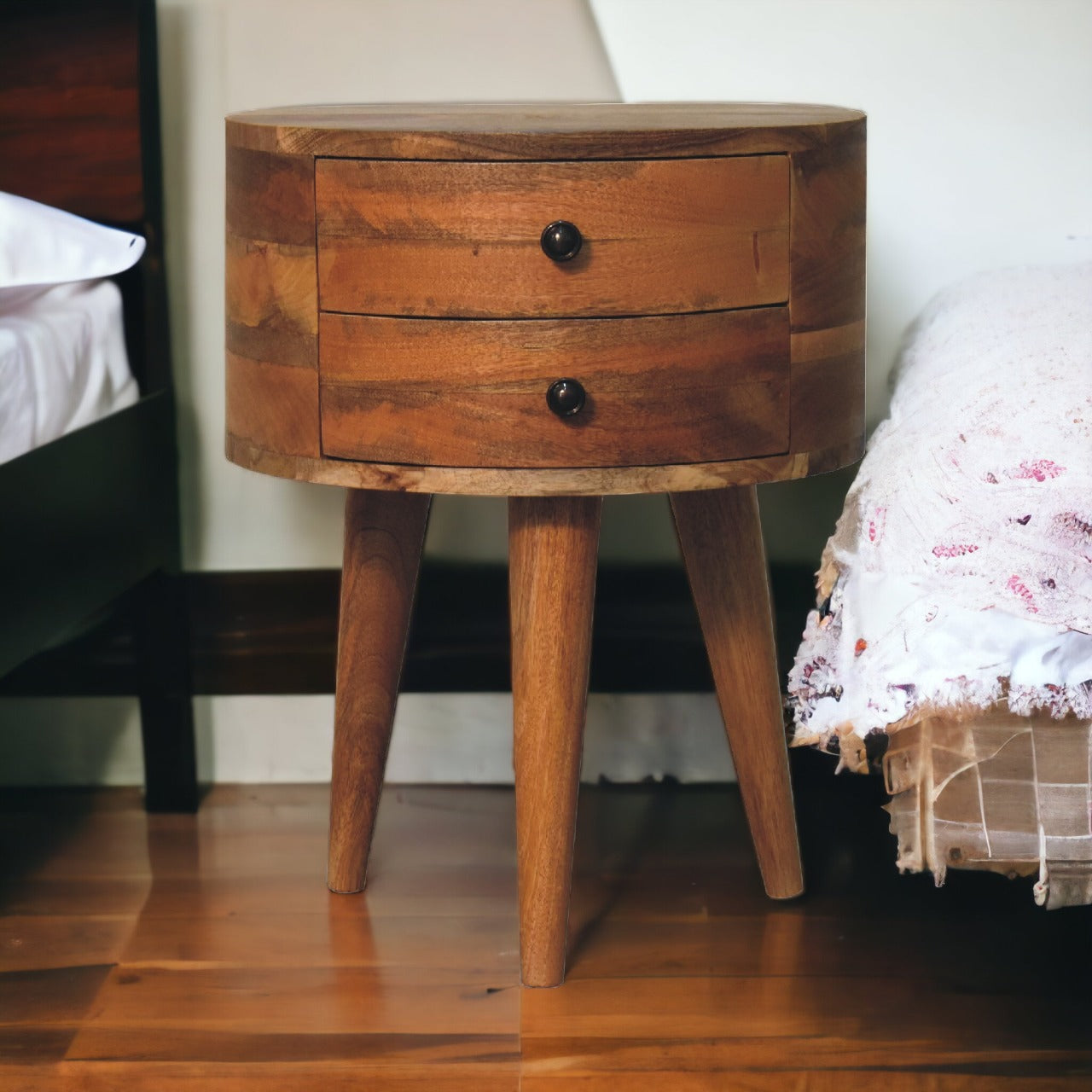 Odyssey Oak-ish Tripod Bedside. 100% Solid Mango Wood