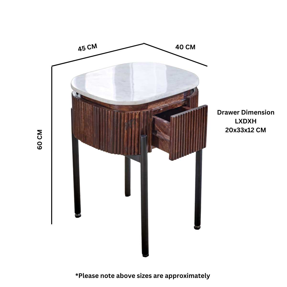 Opal Marble Top Bedside Table. 100% solid mango wood