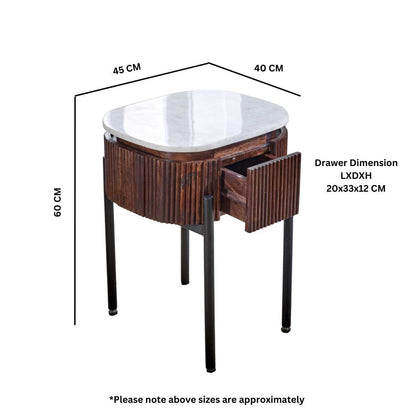 Opal Marble Top Bedside Table. 100% solid mango wood