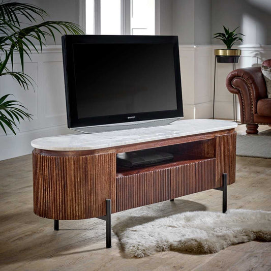Opal Marble Top TV Cabinet, 100% solid mango wood construction