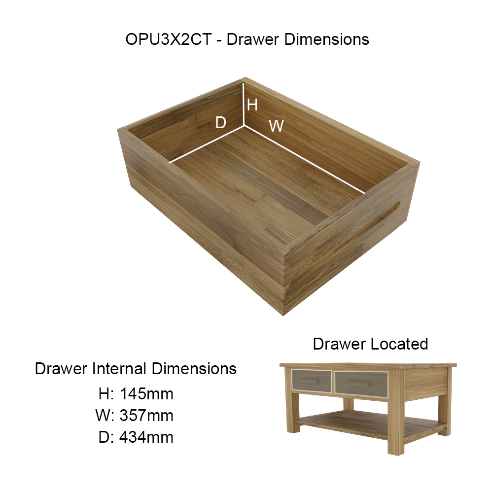 Opus 3 x 2 Coffee Table with Drawers. 100% Solid Oak