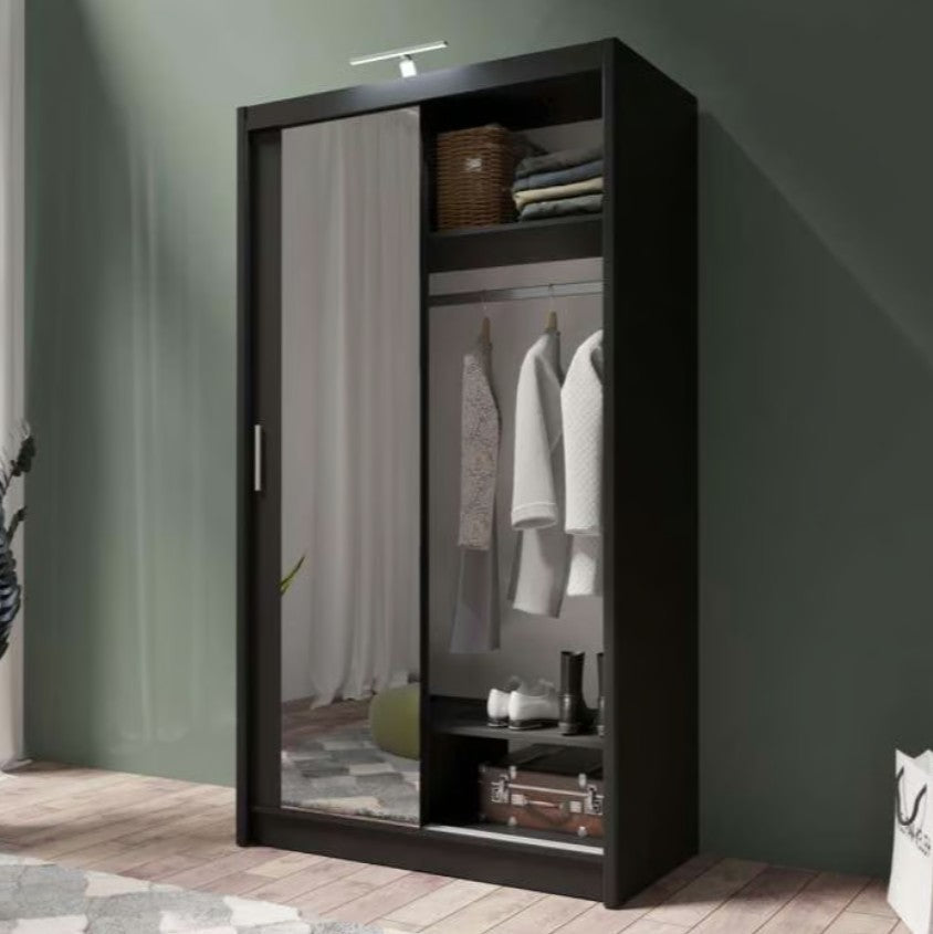 Sleek Black Matt 120cm Sliding Wardrobe - Modern Storage with Mirror Finish
