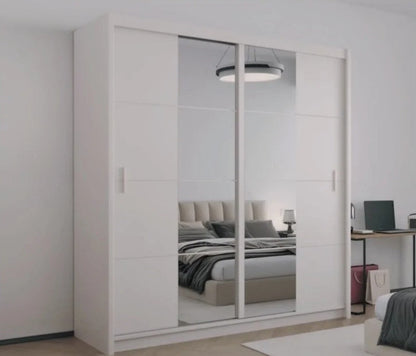 Modern Sand Beige 203cm Sliding Wardrobe - Mirrored Elegance & Clever Storage