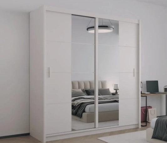 Modern Sand Beige 203cm Sliding Wardrobe - Mirrored Elegance & Clever Storage