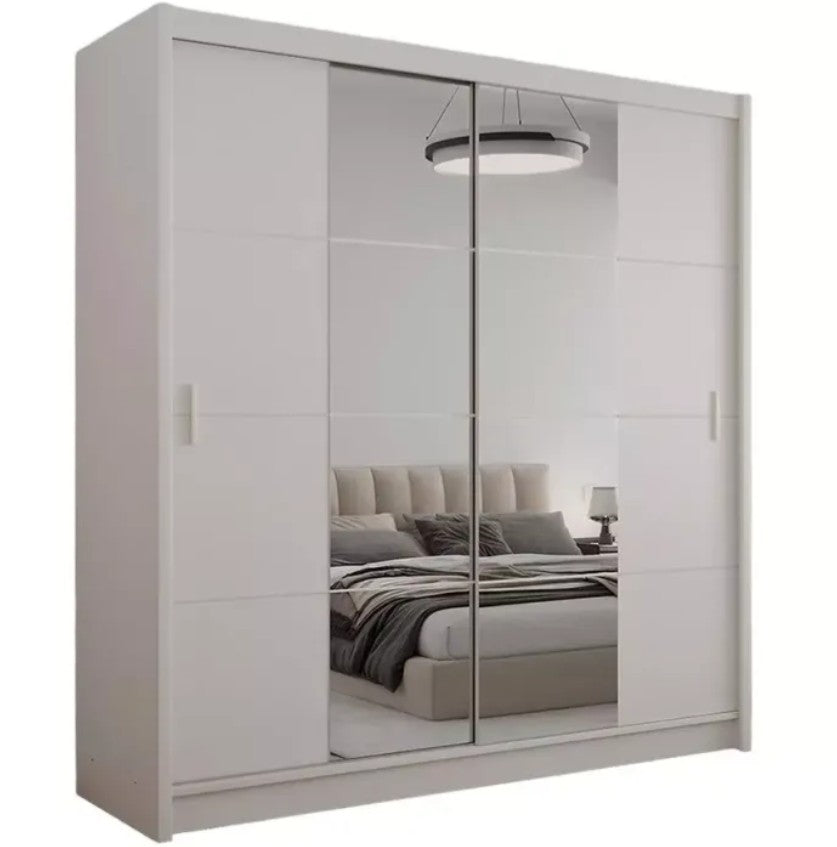 Modern Sand Beige 203cm Sliding Wardrobe - Mirrored Elegance & Clever Storage