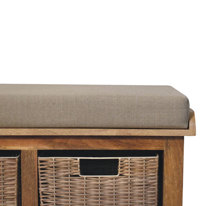 Rattan Basket Linen Bench. 100% Solid Mango Wood