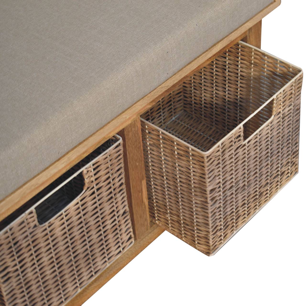 Rattan Basket Linen Bench. 100% Solid Mango Wood