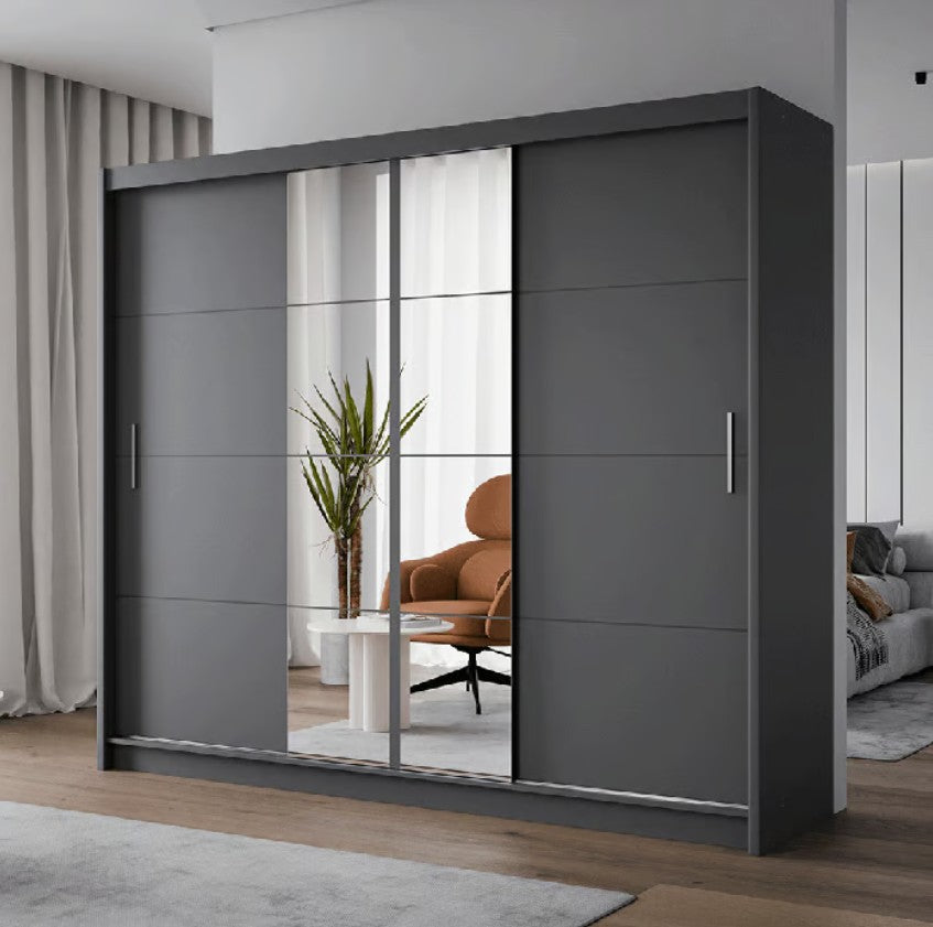 Refined Graphite 250cm Sliding Wardrobe - Sleek Mirror Panels and Functional Design