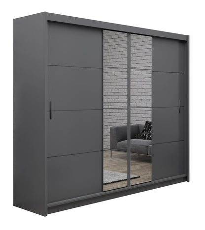 Refined Graphite 250cm Sliding Wardrobe - Sleek Mirror Panels and Functional Design