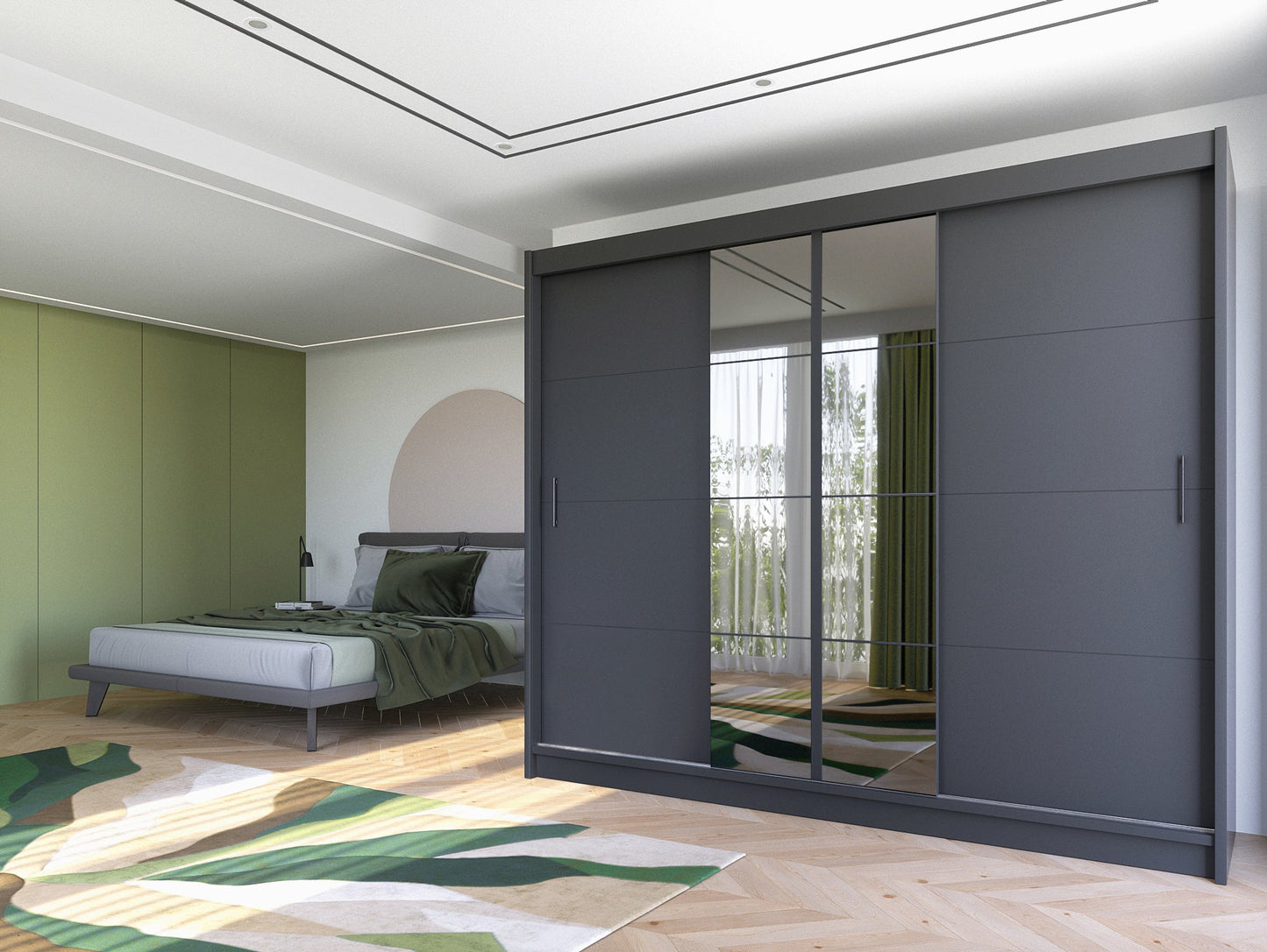 Refined Graphite 250cm Sliding Wardrobe - Sleek Mirror Panels and Functional Design