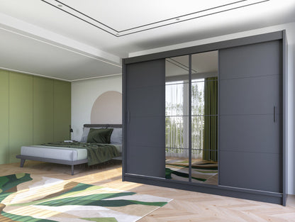 Refined Graphite 250cm Sliding Wardrobe - Sleek Mirror Panels and Functional Design