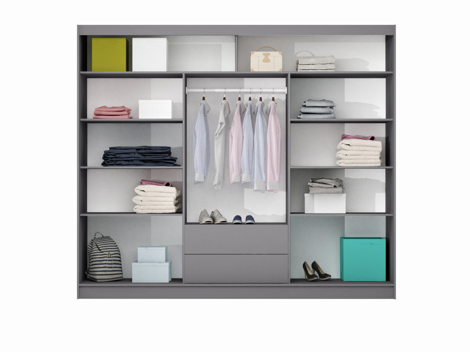 Refined Graphite 250cm Sliding Wardrobe - Sleek Mirror Panels and Functional Design