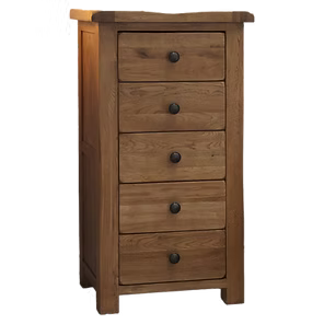 Rustic Oak 5 Drawer Narrow Chest  100% Solid Oak