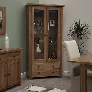 Rustic Oak Glass Display Cabinet 100% solid oak