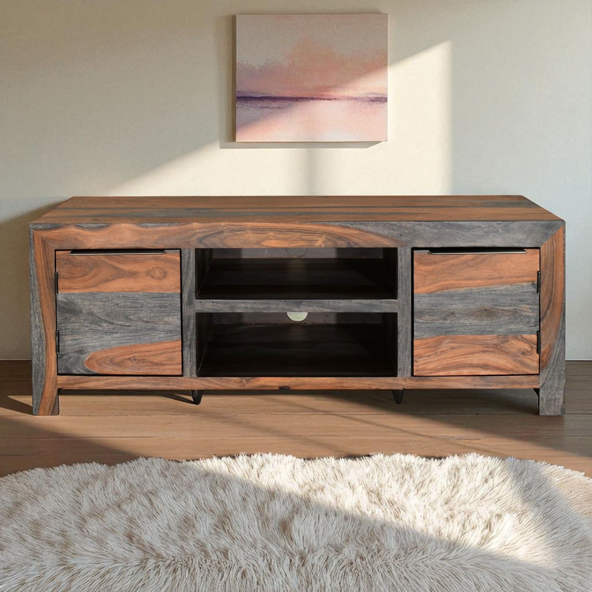 Sheesham Wood TV Unit, 112cm Wide in Dark Grey & Rosewood