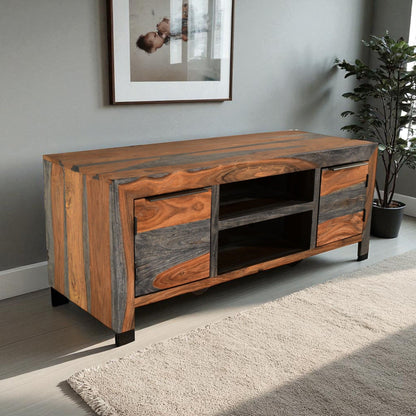 Sheesham Wood TV Unit, 112cm Wide in Dark Grey & Rosewood