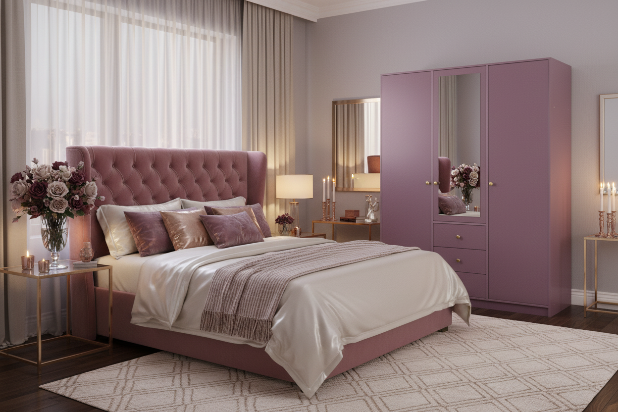 Siena II D3 Wardrobe in plum in a romantic, elegant bedroom setting