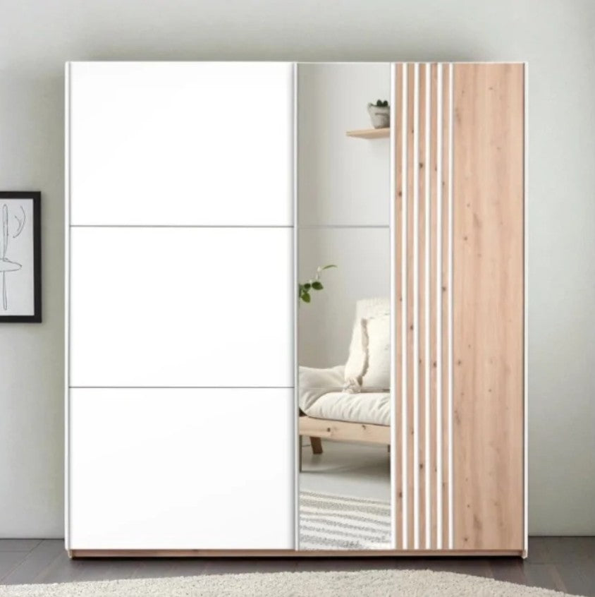 Sintra 203cm Sliding Wardrobe - White & Wotan Oak, Modern Elegance & Mirror Magic