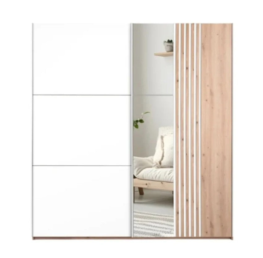 Sintra 203cm Sliding Wardrobe - White & Wotan Oak, Modern Elegance & Mirror Magic