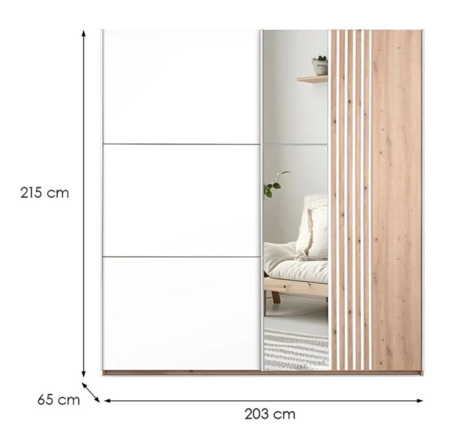 Sintra 203cm Sliding Wardrobe - White & Wotan Oak, Modern Elegance & Mirror Magic