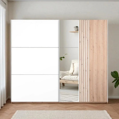 Sintra 250cm Sliding Wardrobe - White & Wotan Oak, Spacious Storage with Mirror & Designer Accents