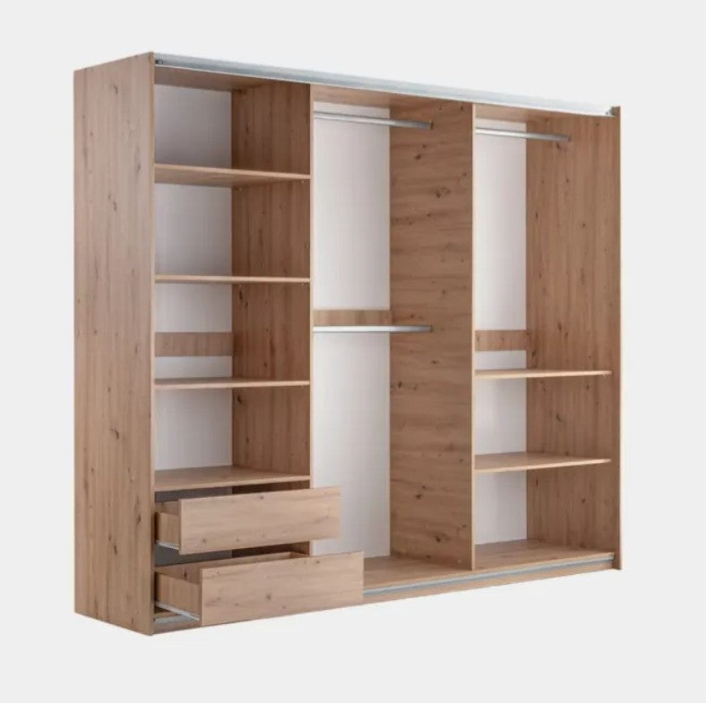 Sintra 250cm Sliding Wardrobe - White & Wotan Oak, Spacious Storage with Mirror & Designer Accents