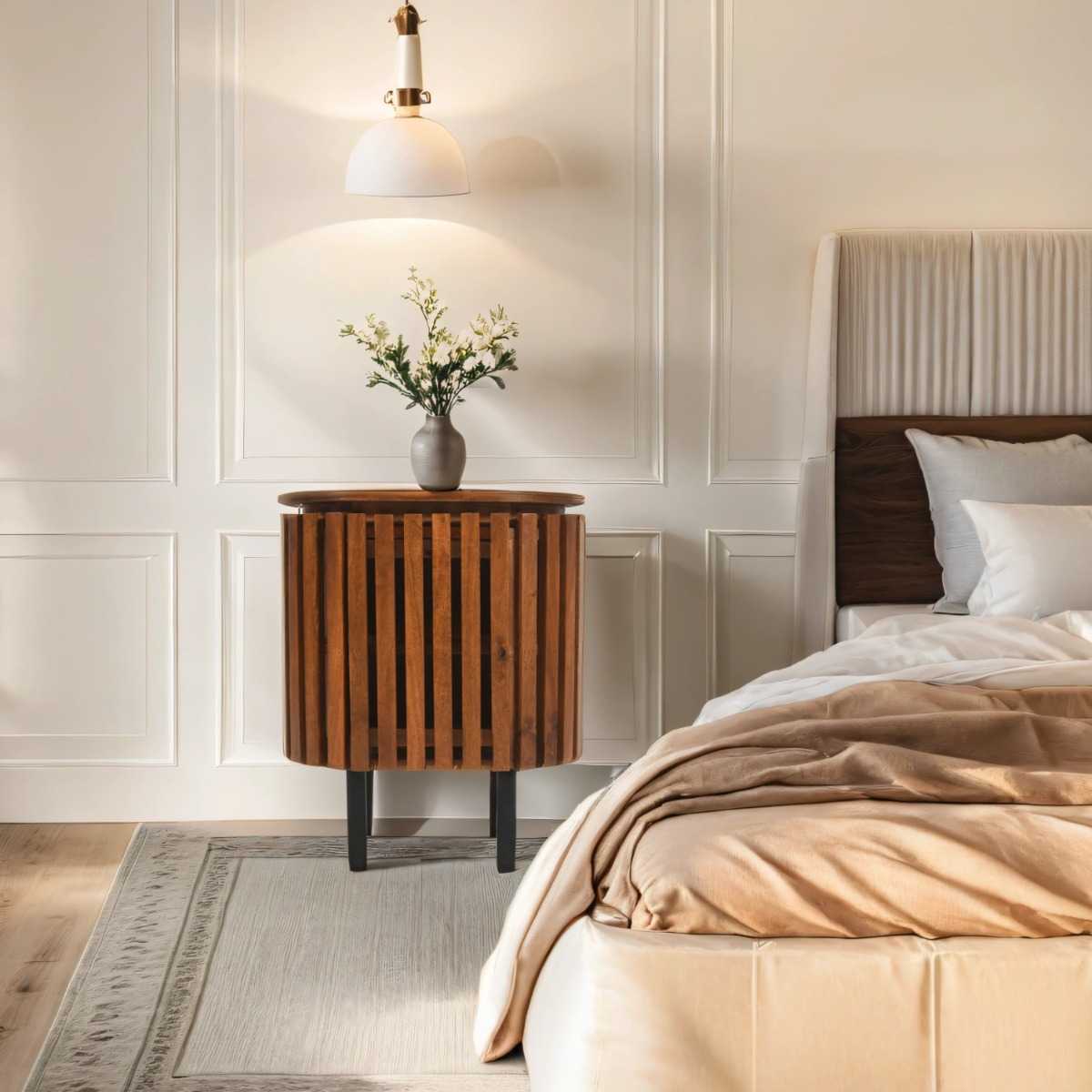 Slatted Mango Wood Bedside Table, 100% Solid Mango Wood