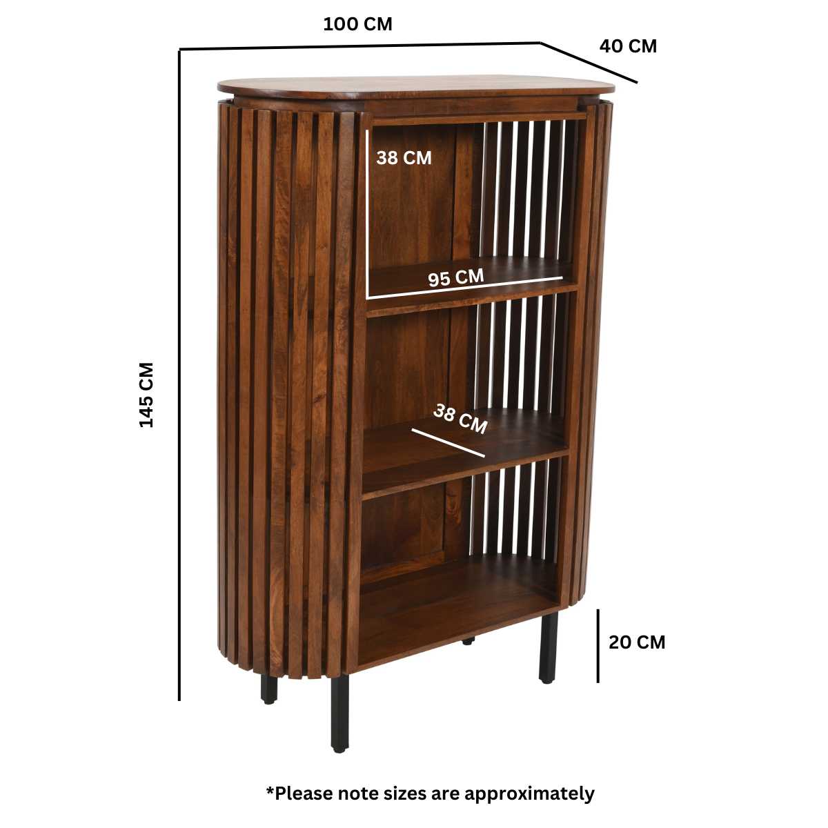 Slatted Mango Wood Bookcase. 100% Solid Hardwood