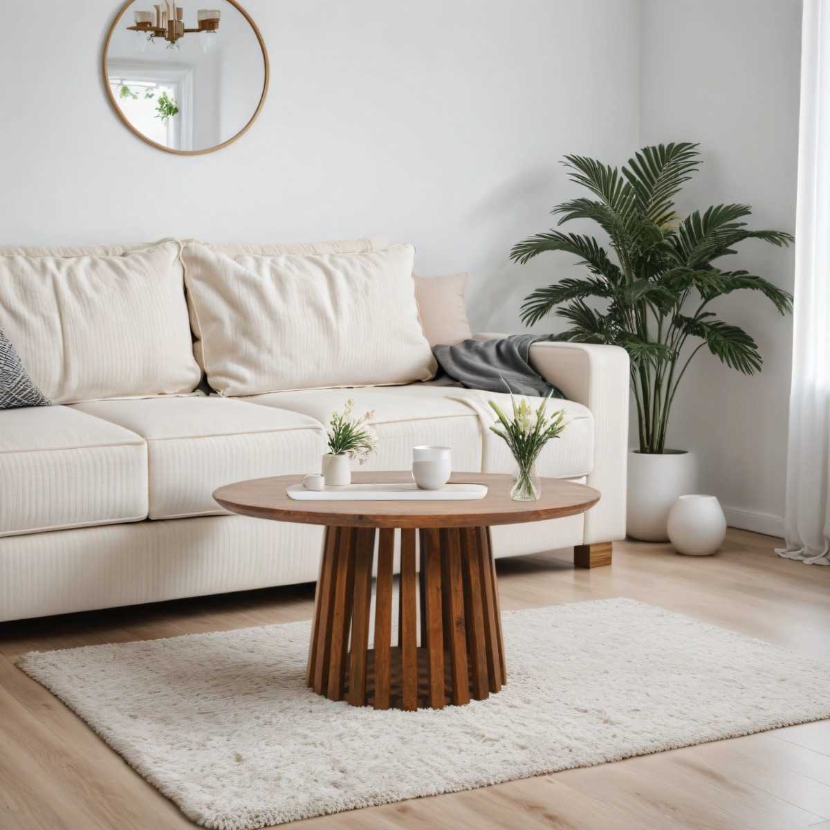 Slatted Mango Wood Round Coffee Table, 100% Solid Hardwood