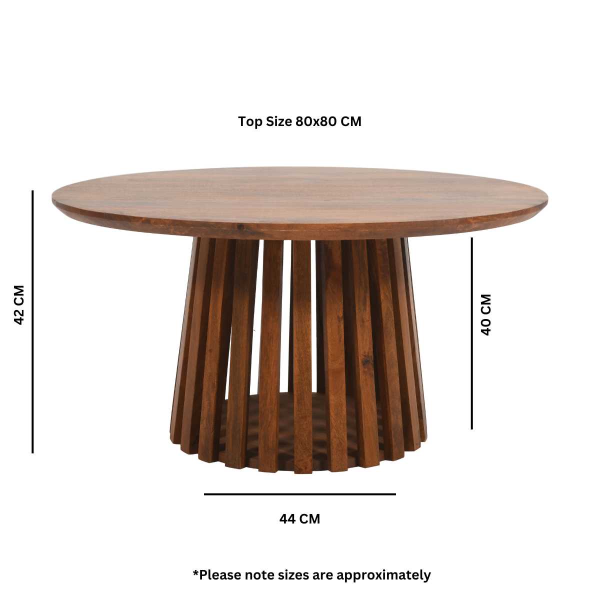 Slatted Mango Wood Round Coffee Table, 100% Solid Hardwood