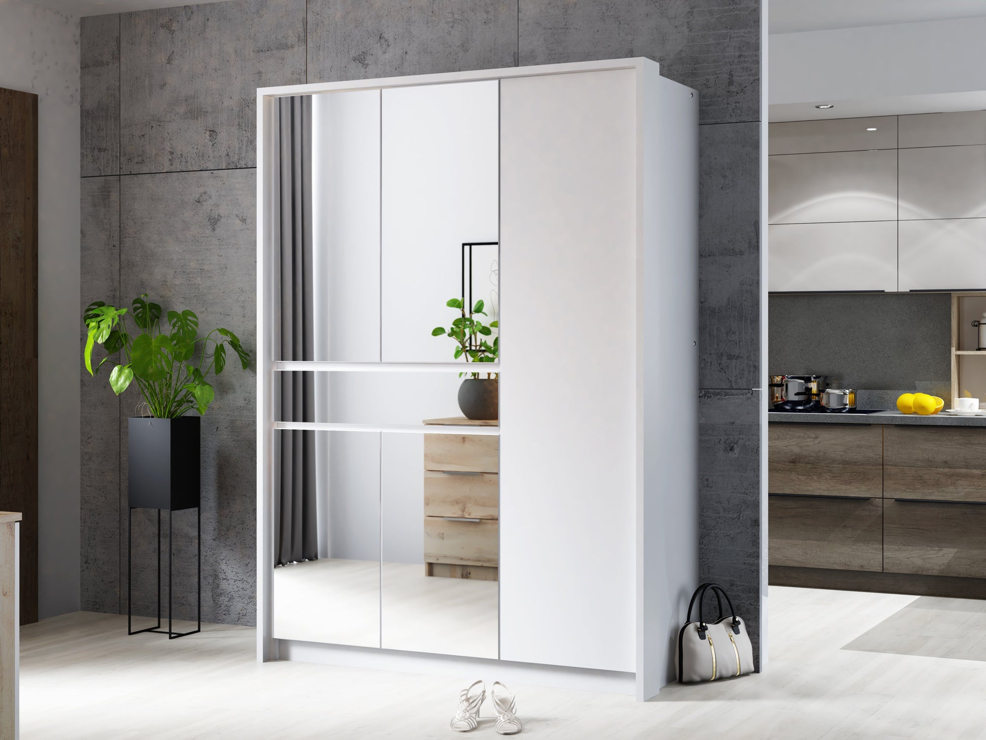 Split 157cm White Matt Sliding Wardrobe - Sleek Mirror Front & Smart Storage